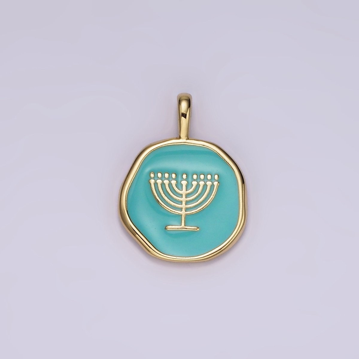 14K Gold Filled Teal Menorah Candle Enamel Stamped Hannukah Round Pendant | AA1093
