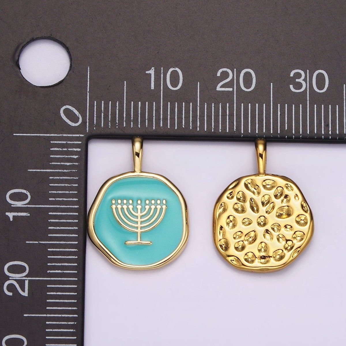 14K Gold Filled Teal Menorah Candle Enamel Stamped Hannukah Round Pendant | AA1093