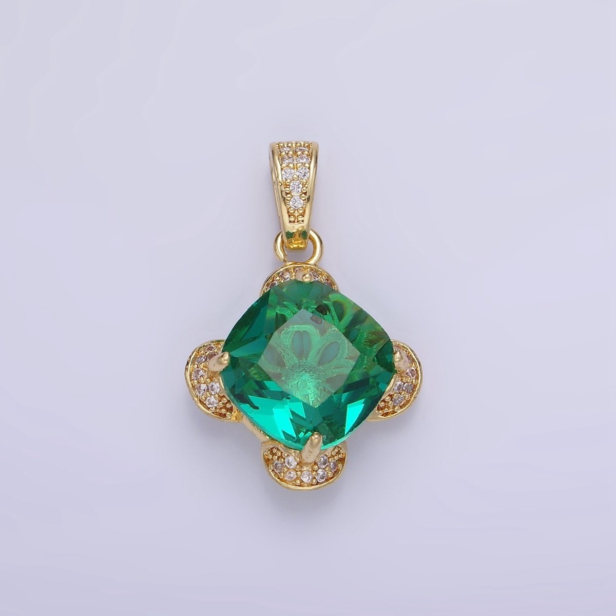14K Gold Filled Teal Rhombus CZ Micro Paved Flower Pendant in Gold & Silver | AA1158