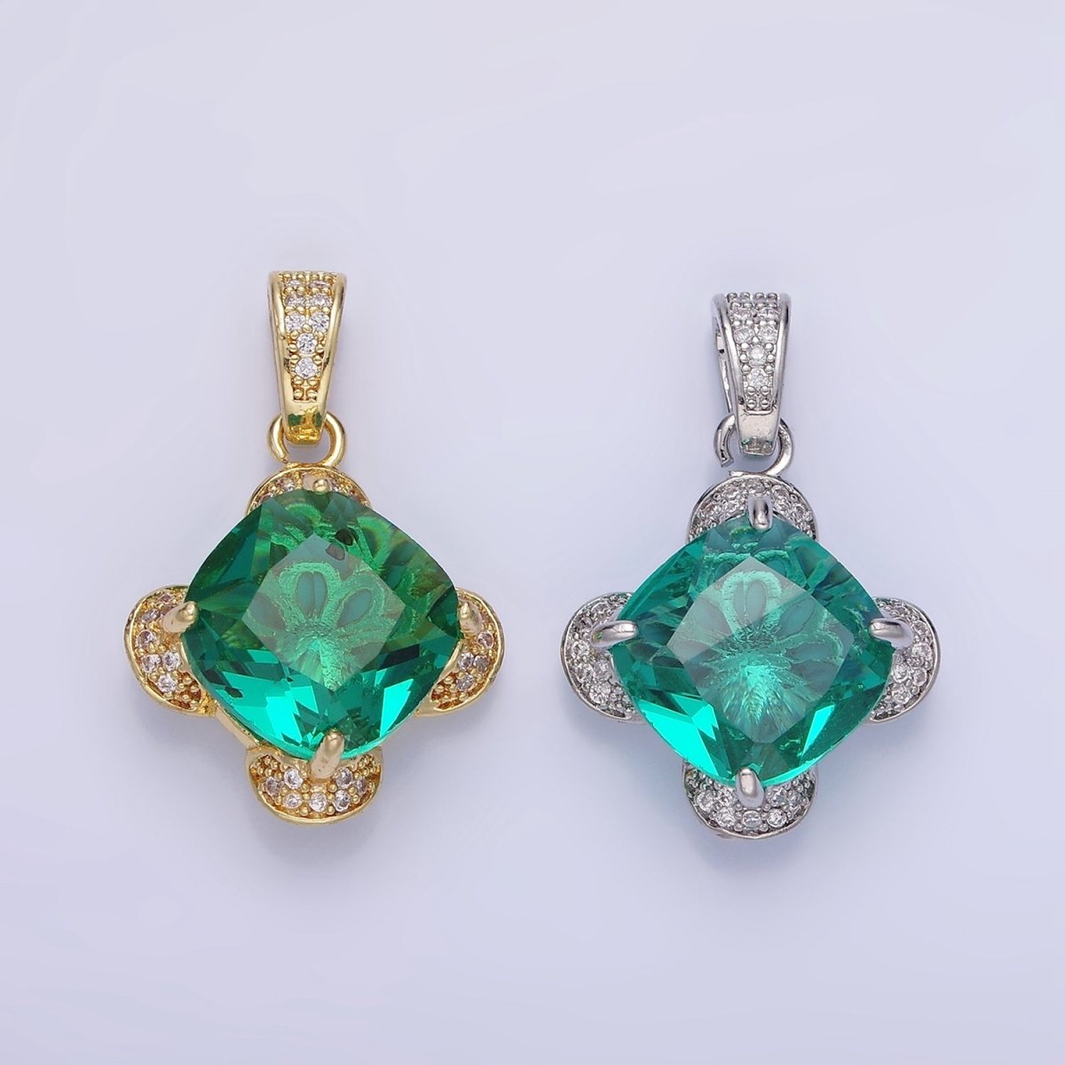 14K Gold Filled Teal Rhombus CZ Micro Paved Flower Pendant in Gold & Silver | AA1158
