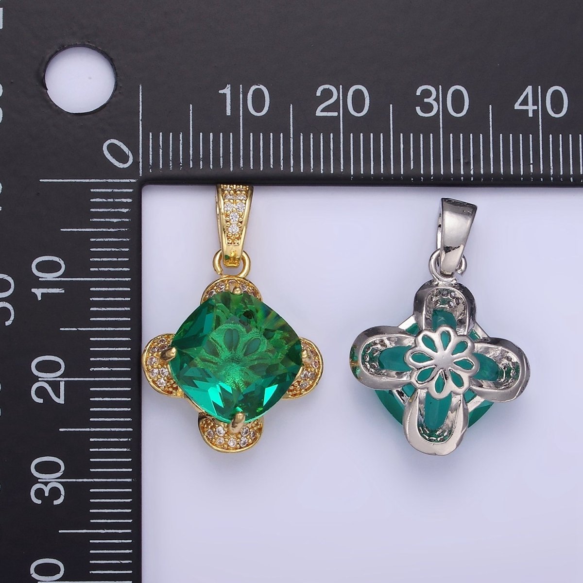 14K Gold Filled Teal Rhombus CZ Micro Paved Flower Pendant in Gold & Silver | AA1158