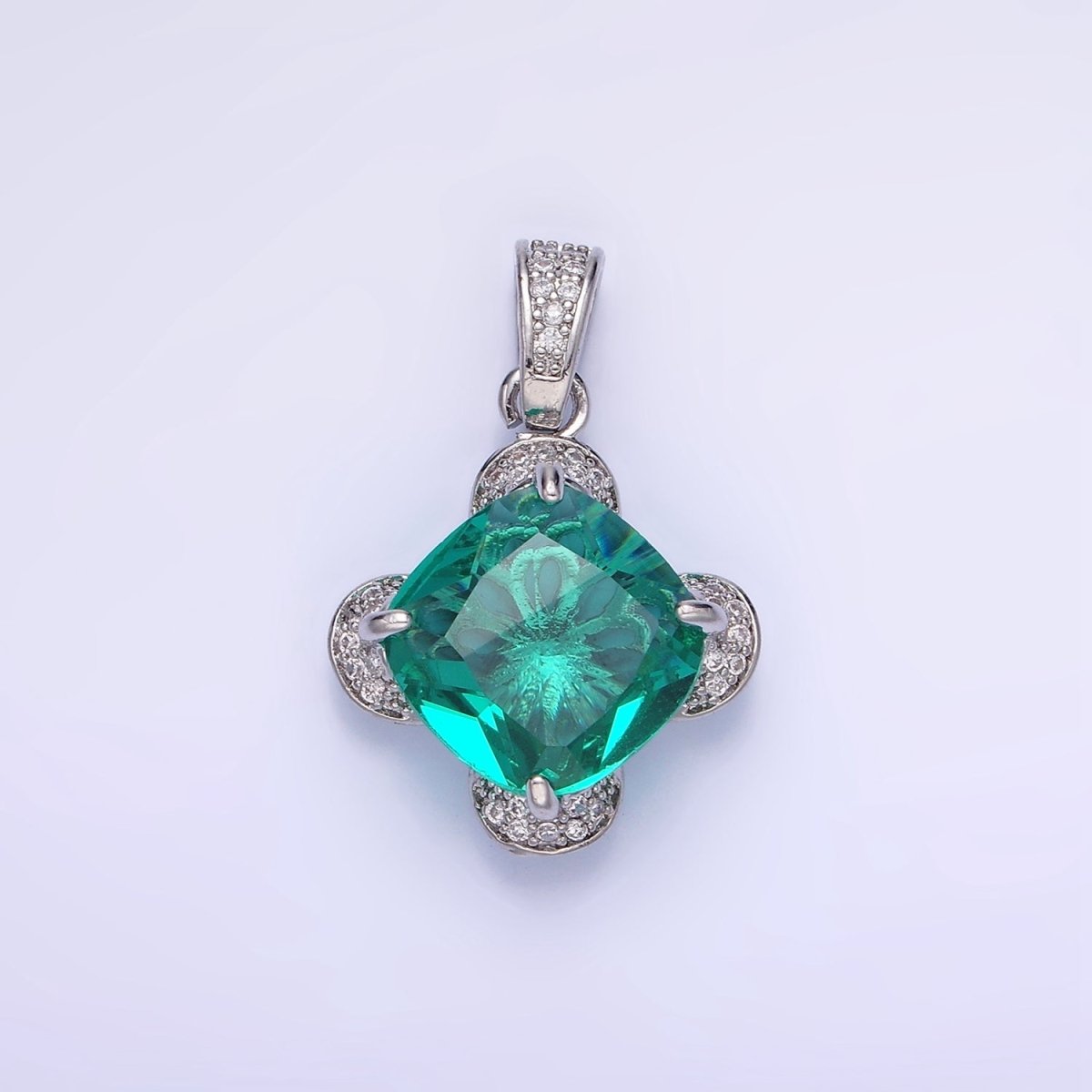 14K Gold Filled Teal Rhombus CZ Micro Paved Flower Pendant in Gold & Silver | AA1158