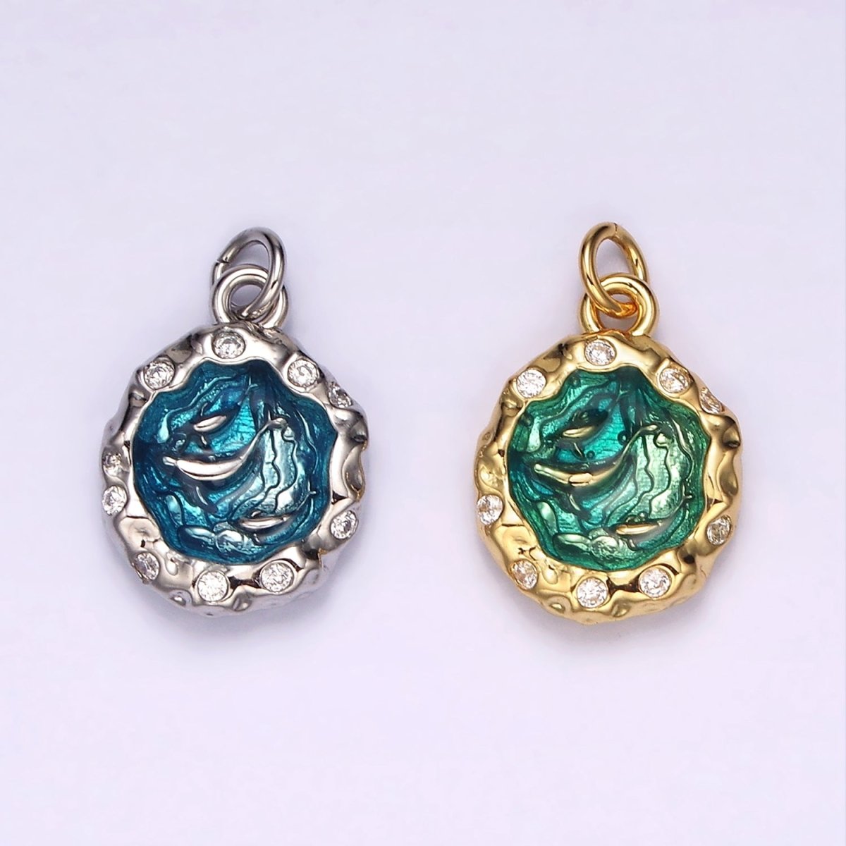 14K Gold Filled Teal Sea Ocean Triple Fish Whale Dolphin CZ Hammered Charm in Gold & Silver | AG564