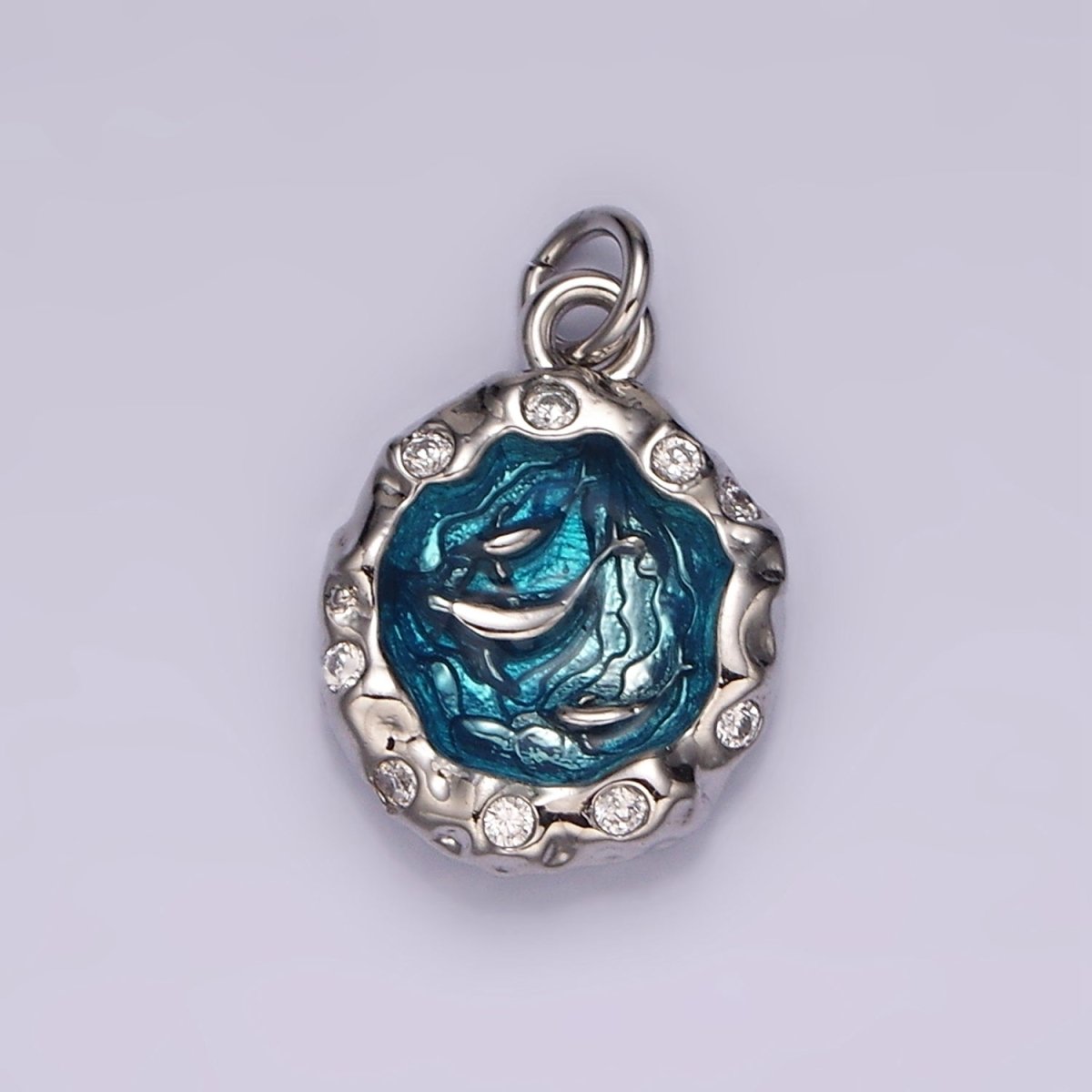 14K Gold Filled Teal Sea Ocean Triple Fish Whale Dolphin CZ Hammered Charm in Gold & Silver | AG564