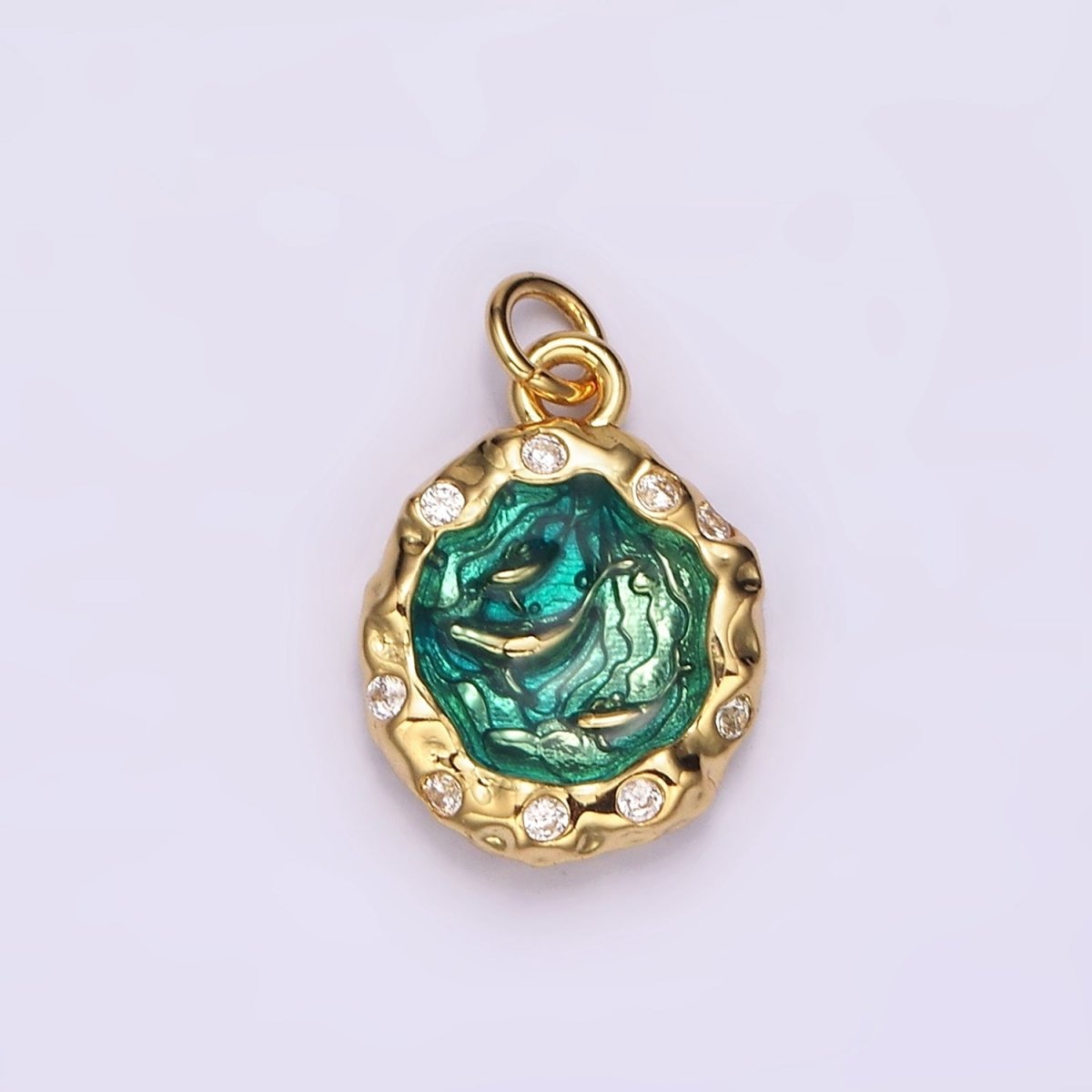 14K Gold Filled Teal Sea Ocean Triple Fish Whale Dolphin CZ Hammered Charm in Gold & Silver | AG564