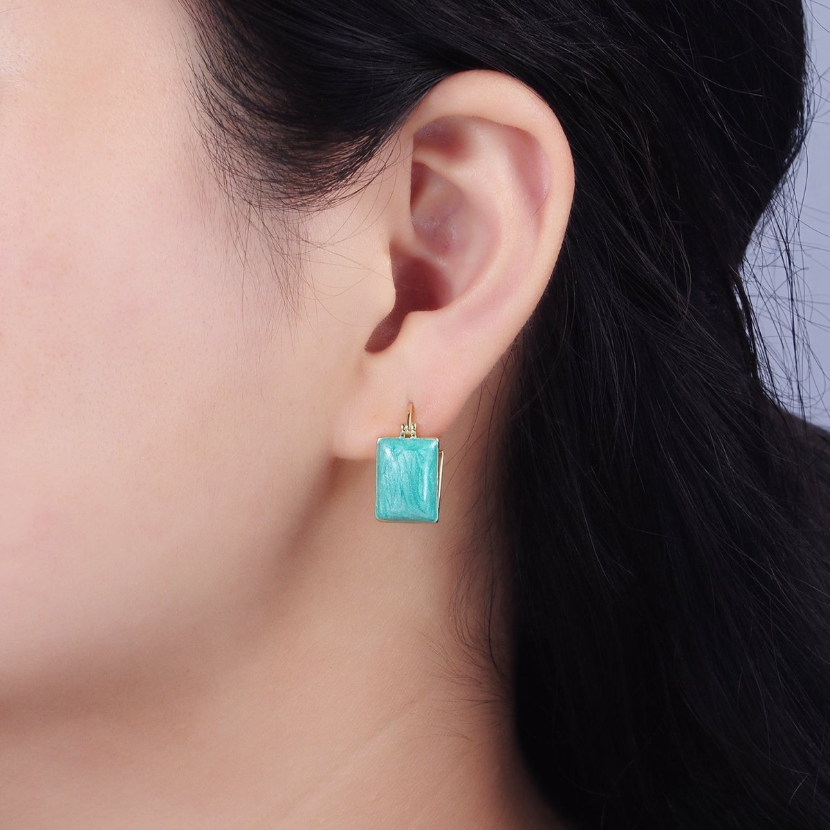 14K Gold Filled Teal, White Enamel Rectangle Triangle Latch Hoop Earrings | AE998 AE999