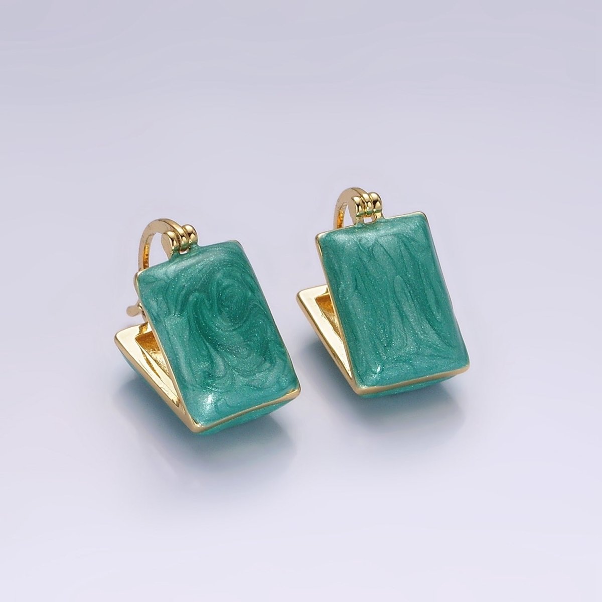 14K Gold Filled Teal, White Enamel Rectangle Triangle Latch Hoop Earrings | AE998 AE999