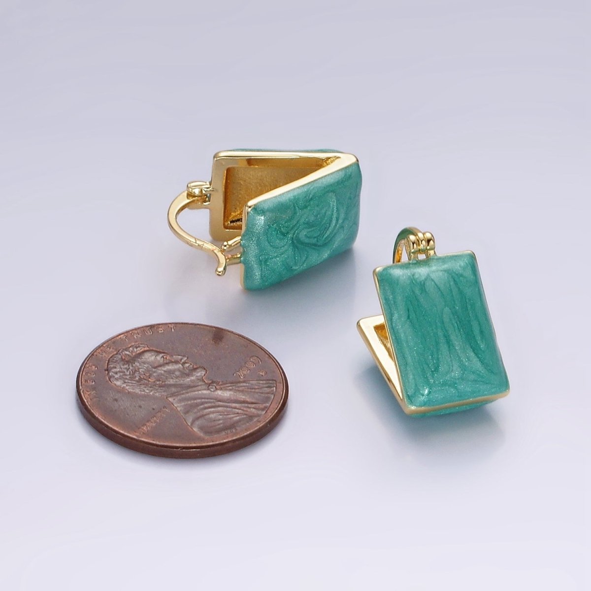 14K Gold Filled Teal, White Enamel Rectangle Triangle Latch Hoop Earrings | AE998 AE999