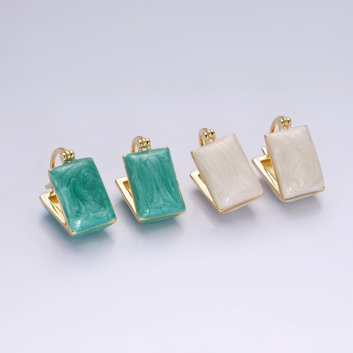 14K Gold Filled Teal, White Enamel Rectangle Triangle Latch Hoop Earrings | AE998 AE999