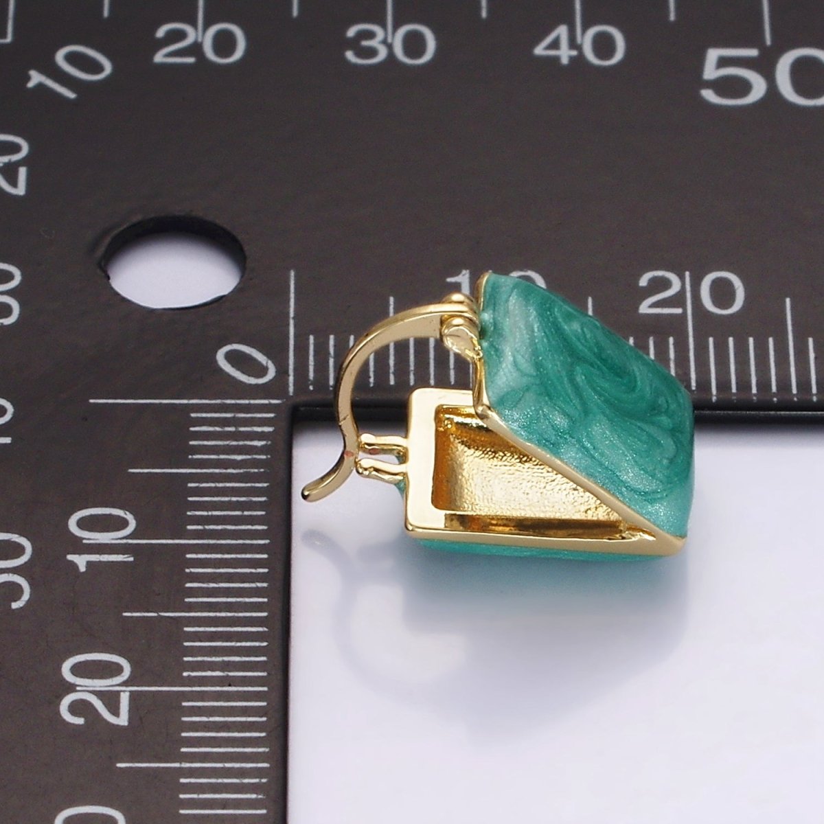 14K Gold Filled Teal, White Enamel Rectangle Triangle Latch Hoop Earrings | AE998 AE999