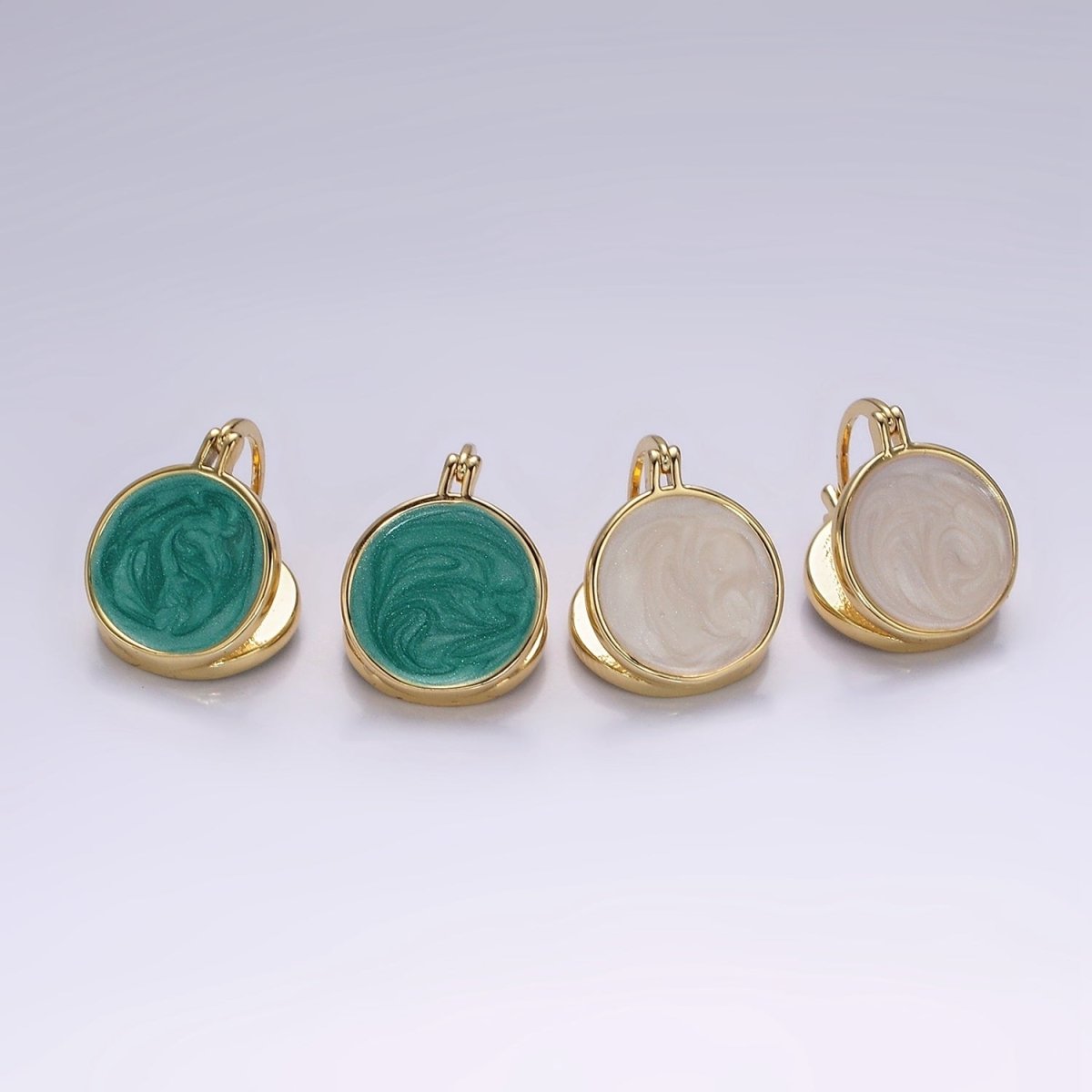 14K Gold Filled Teal, White Enamel Round Triangle Latch Hoop Earrings | AE996 AE997