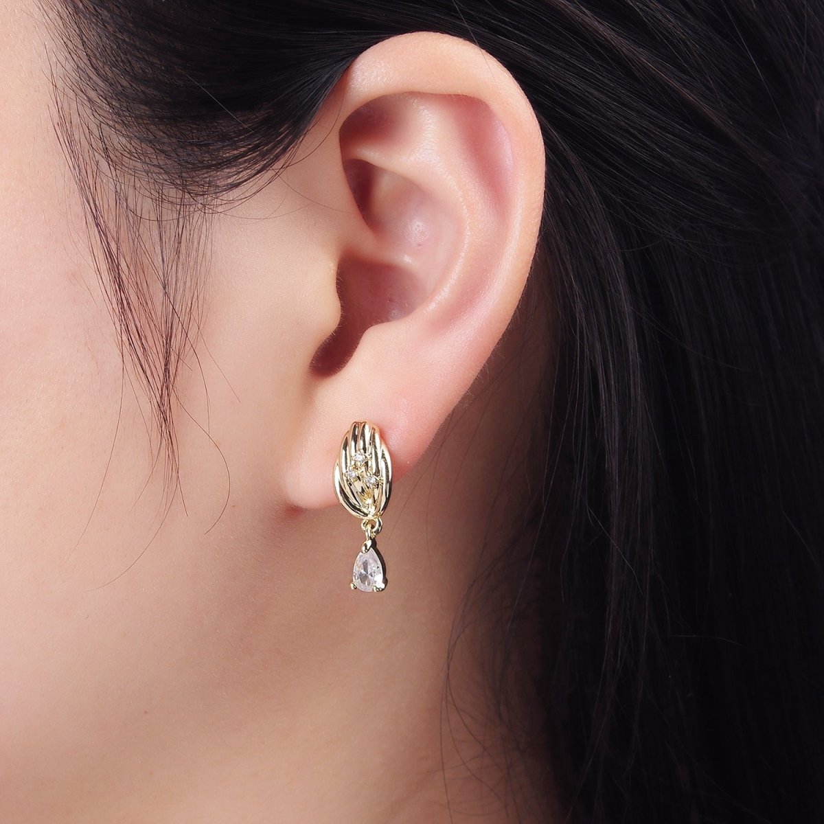 14K Gold Filled Teardrop CZ Drop Croissant Stud Earrings | AB1146