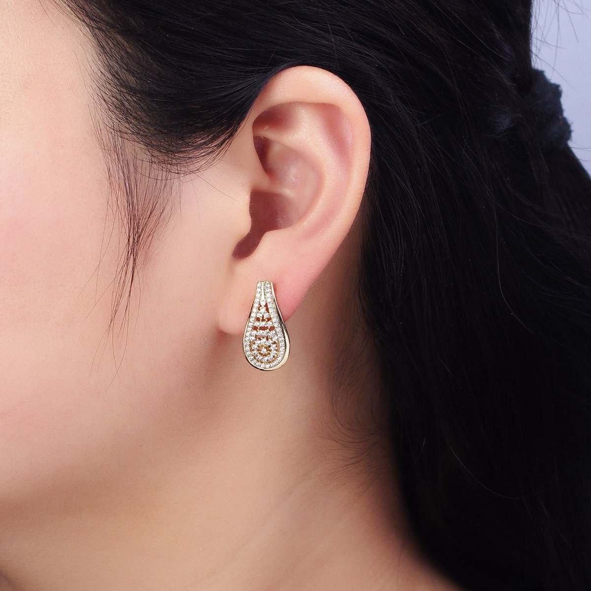 14K Gold Filled Teardrop Micro Paved Clear CZ English Lock Earrings | AD1533