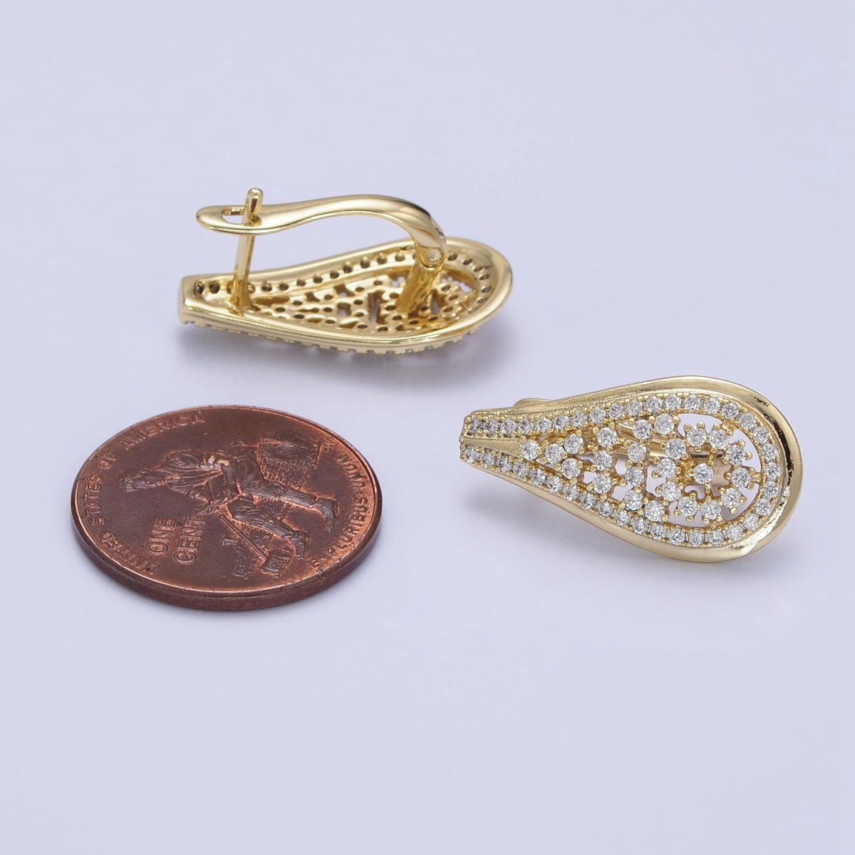 14K Gold Filled Teardrop Micro Paved Clear CZ English Lock Earrings | AD1533