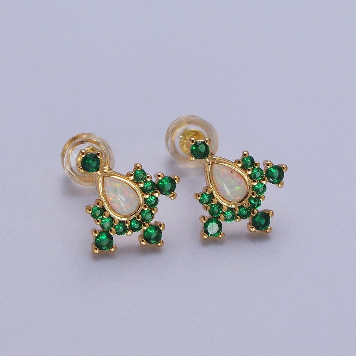 14K Gold Filled Teardrop White Opal Green Cubic Zirconia Stud Earrings | AD-104