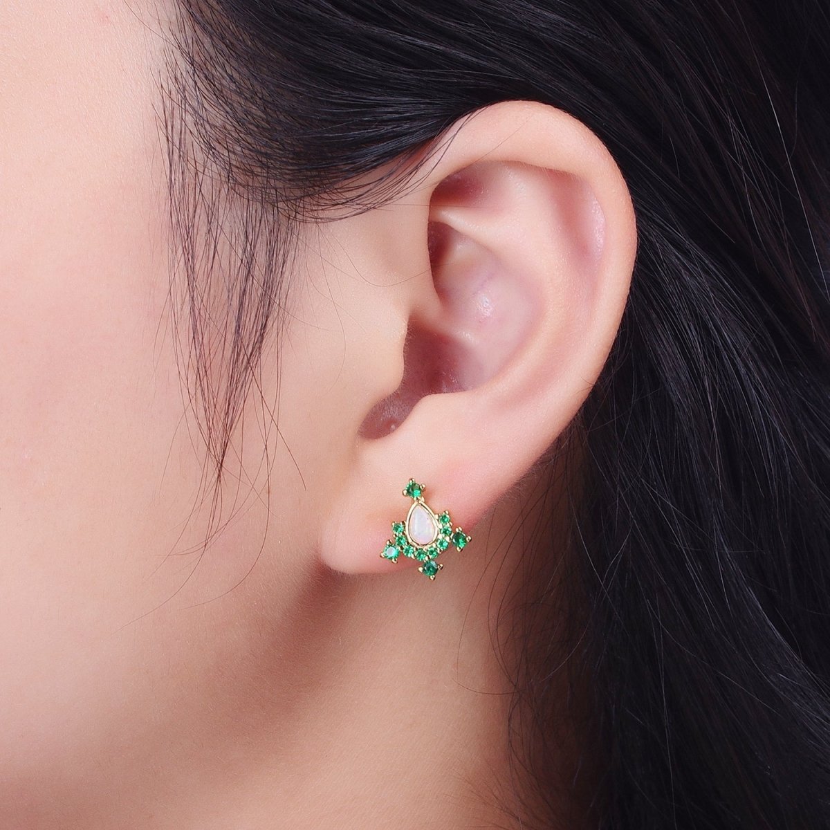 14K Gold Filled Teardrop White Opal Green Cubic Zirconia Stud Earrings | AD-104