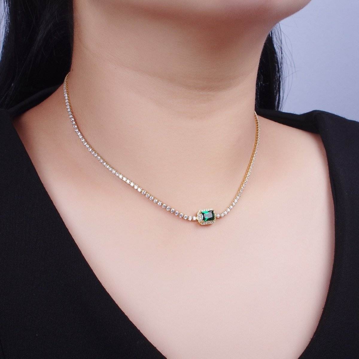 14k Gold Filled Tennis Necklace Chain with Color Emerald Cut Cz Stone for Layering Necklace | WA-1156 to WA-1159 Clearance Pricing