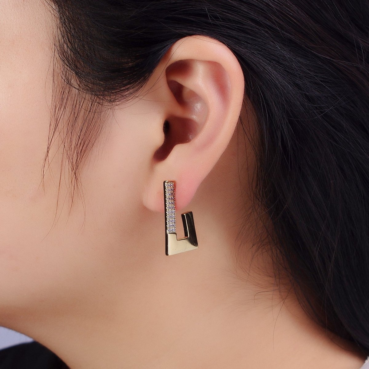 14K Gold Filled Thin Clear Micro Paved Geometric J-Shaped Hoop Earrings | AB332