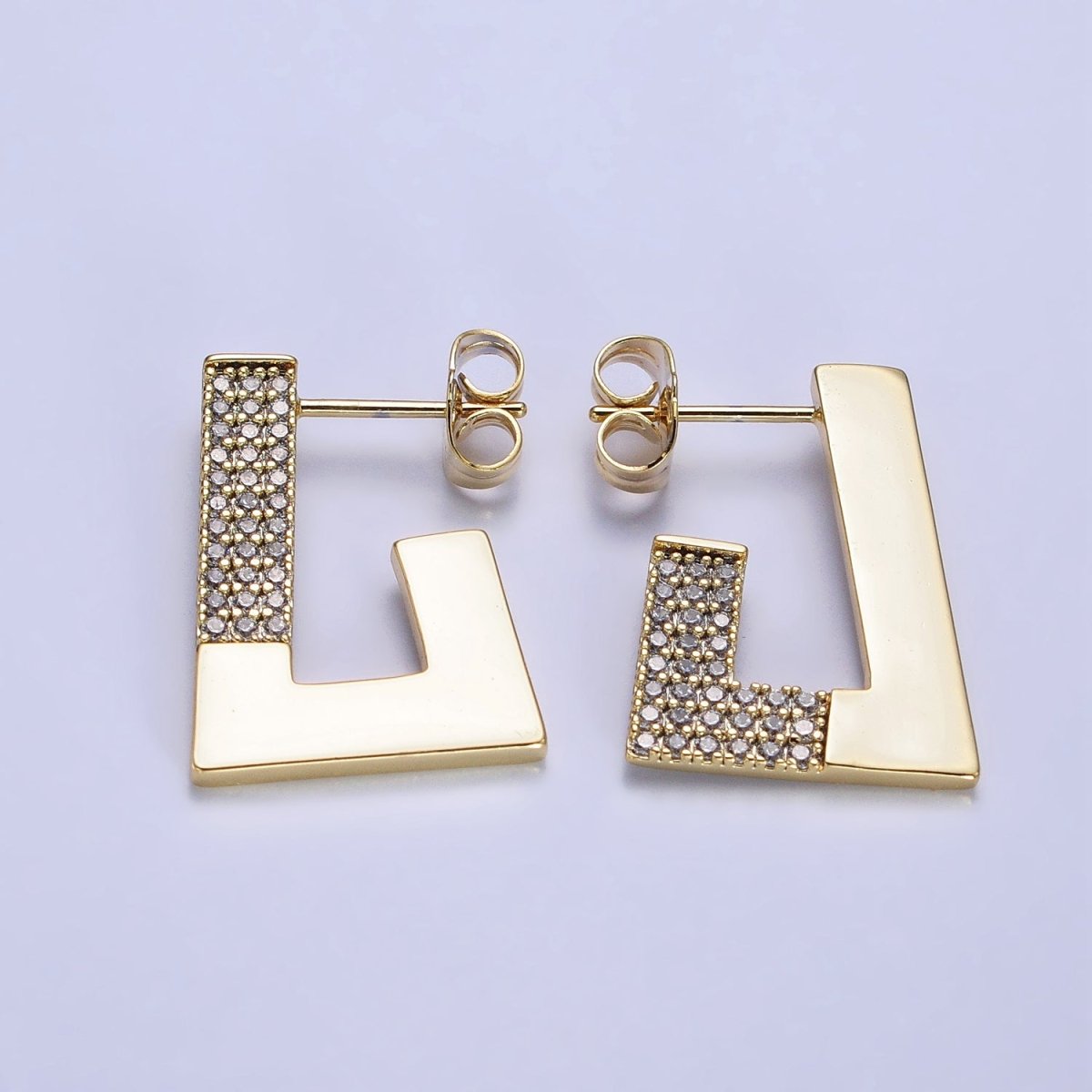 14K Gold Filled Thin Clear Micro Paved Geometric J-Shaped Hoop Earrings | AB332