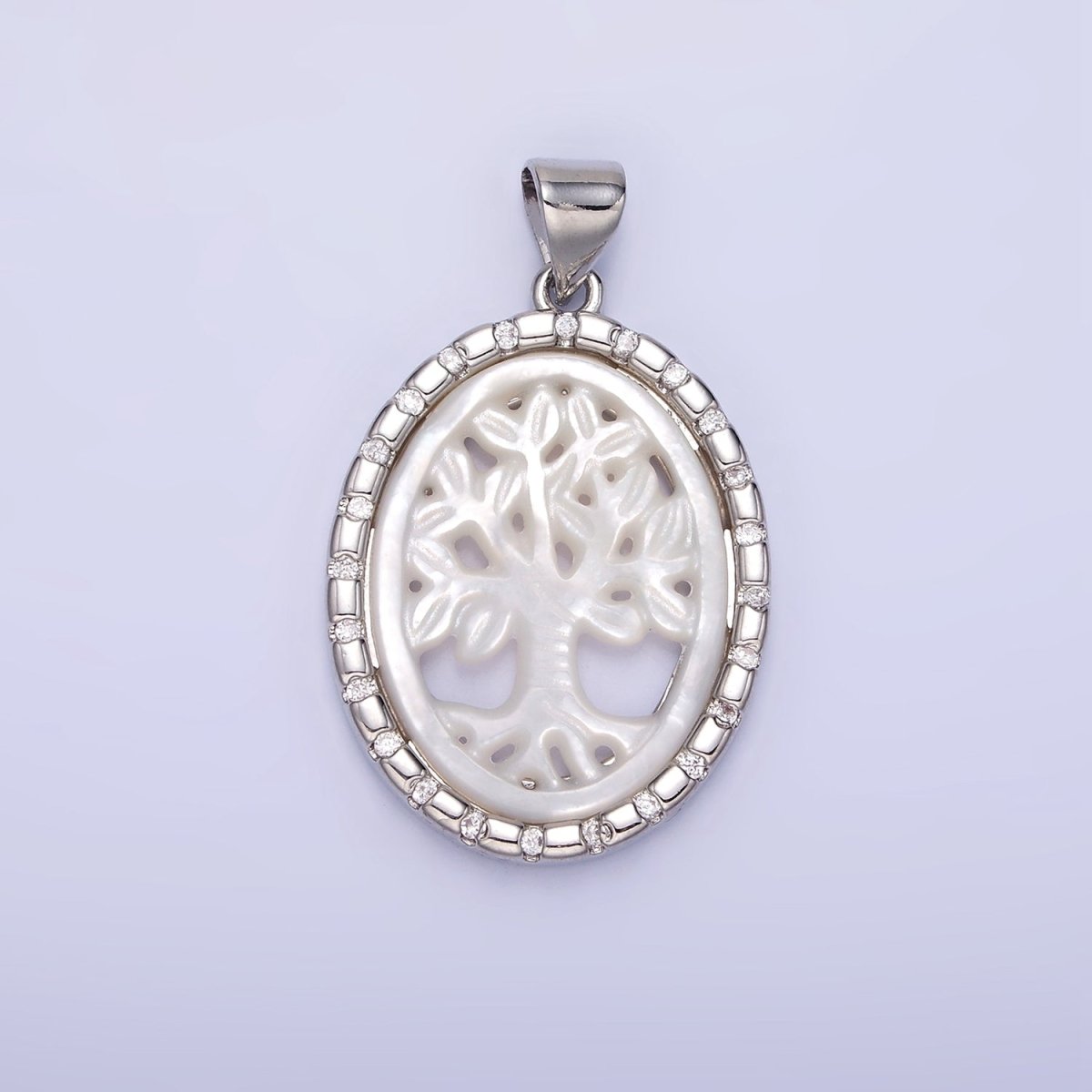 14K Gold Filled Tree Nature Shell Pearl CZ Dotted Bezel Oval Pendant in Gold & Silver | AA1257