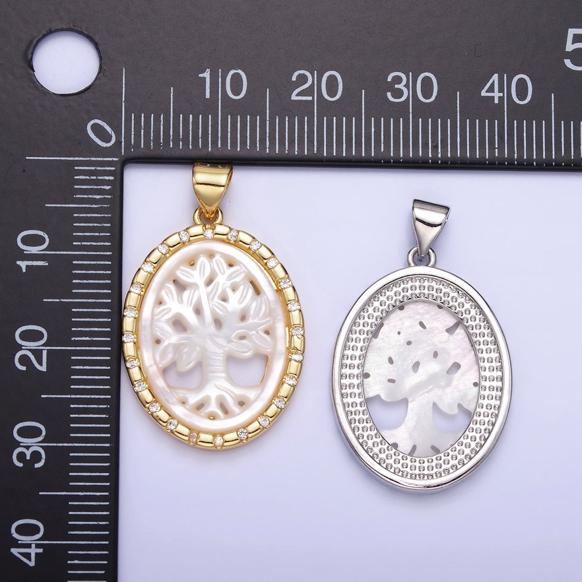 14K Gold Filled Tree Nature Shell Pearl CZ Dotted Bezel Oval Pendant in Gold & Silver | AA1257