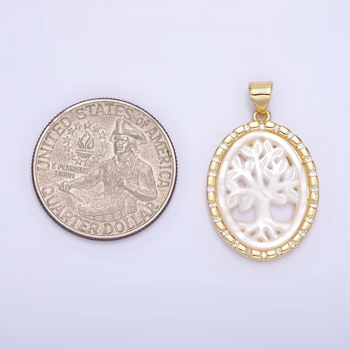 14K Gold Filled Tree Nature Shell Pearl CZ Dotted Bezel Oval Pendant in Gold & Silver | AA1257