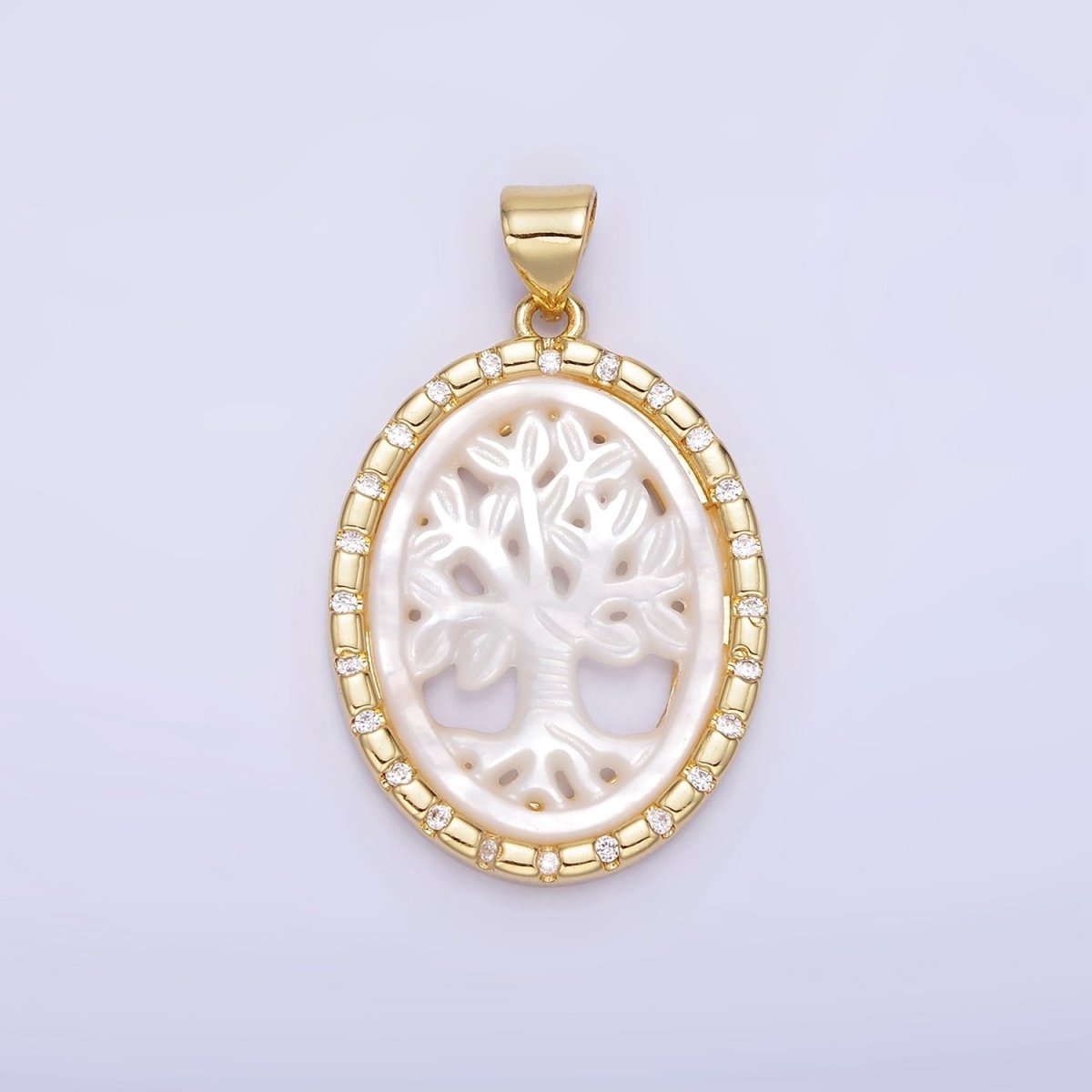 14K Gold Filled Tree Nature Shell Pearl CZ Dotted Bezel Oval Pendant in Gold & Silver | AA1257