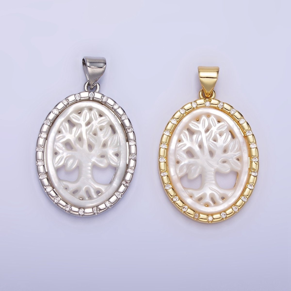 14K Gold Filled Tree Nature Shell Pearl CZ Dotted Bezel Oval Pendant in Gold & Silver | AA1257