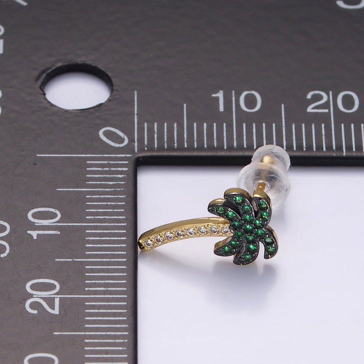 14K Gold Filled Tree Palm Leaf Green Micro Paved CZ Stud Earrings | AE921
