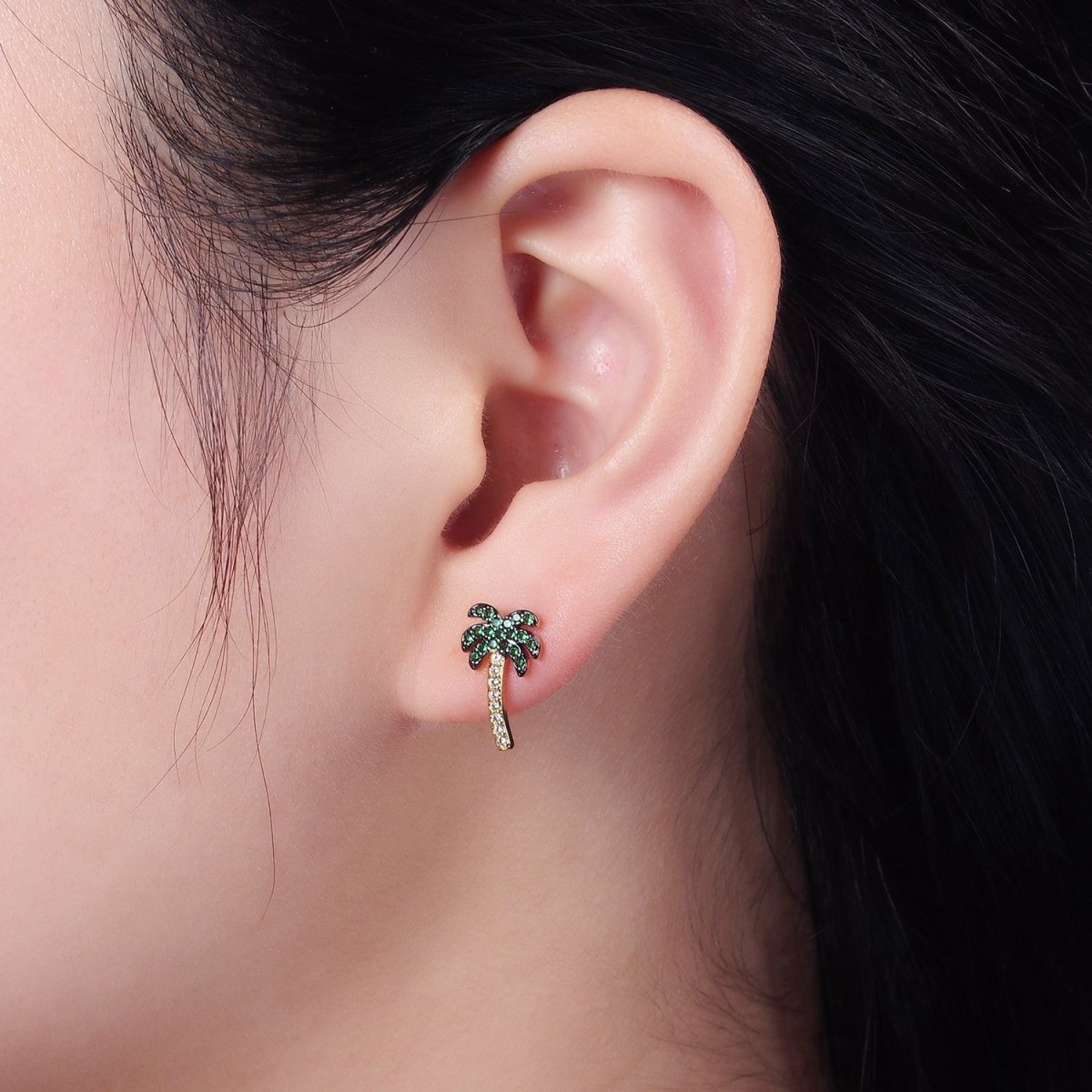 14K Gold Filled Tree Palm Leaf Green Micro Paved CZ Stud Earrings | AE921