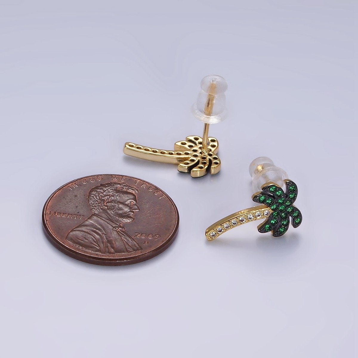 14K Gold Filled Tree Palm Leaf Green Micro Paved CZ Stud Earrings | AE921