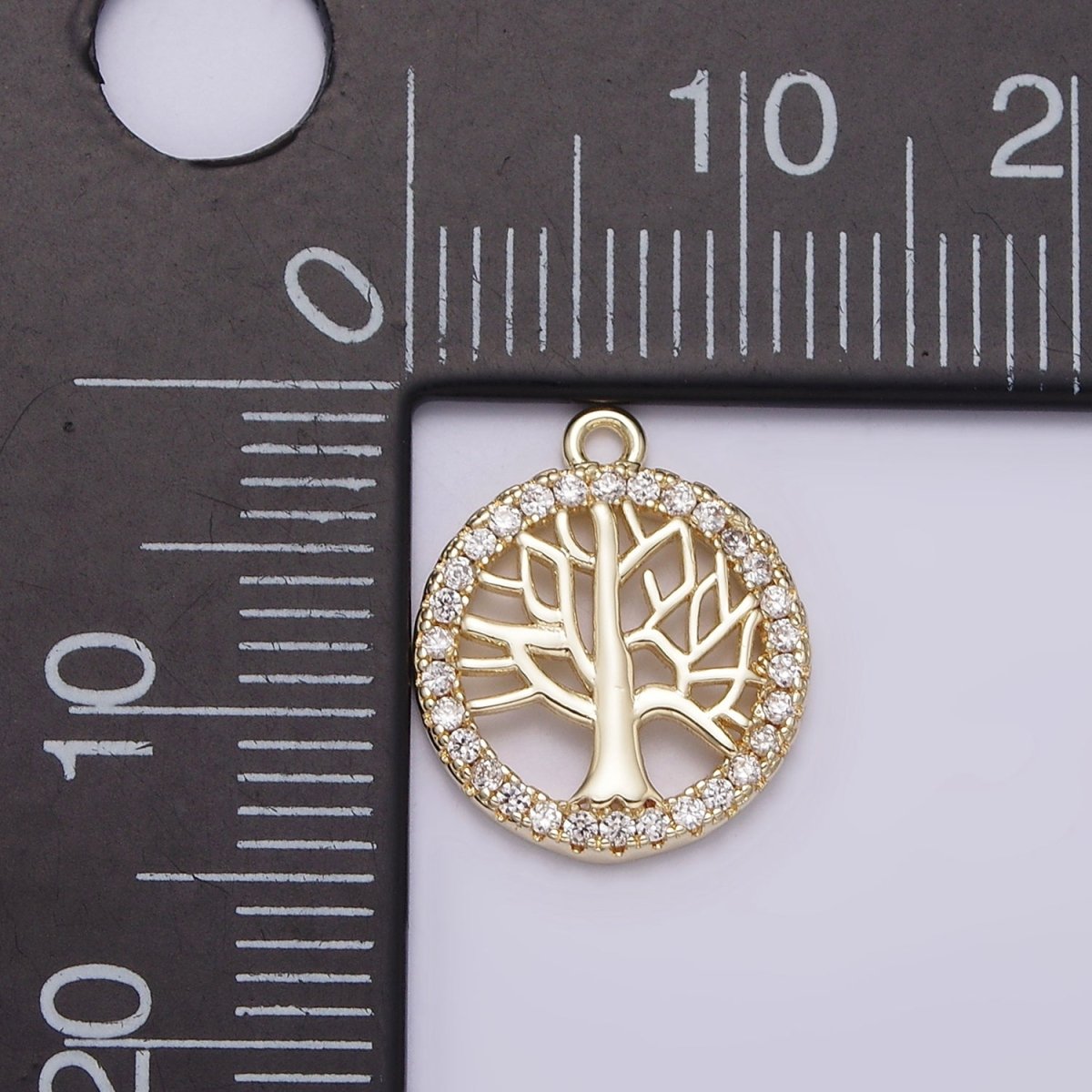 14K Gold Filled Tree Plant Open Clear Micro Paved CZ Round Charm | N1018