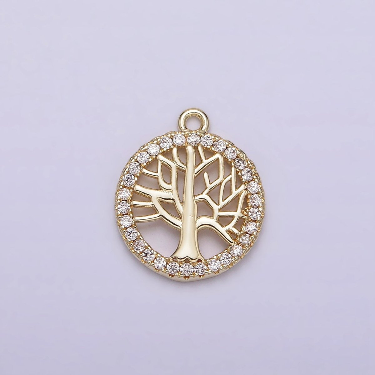 14K Gold Filled Tree Plant Open Clear Micro Paved CZ Round Charm | N1018