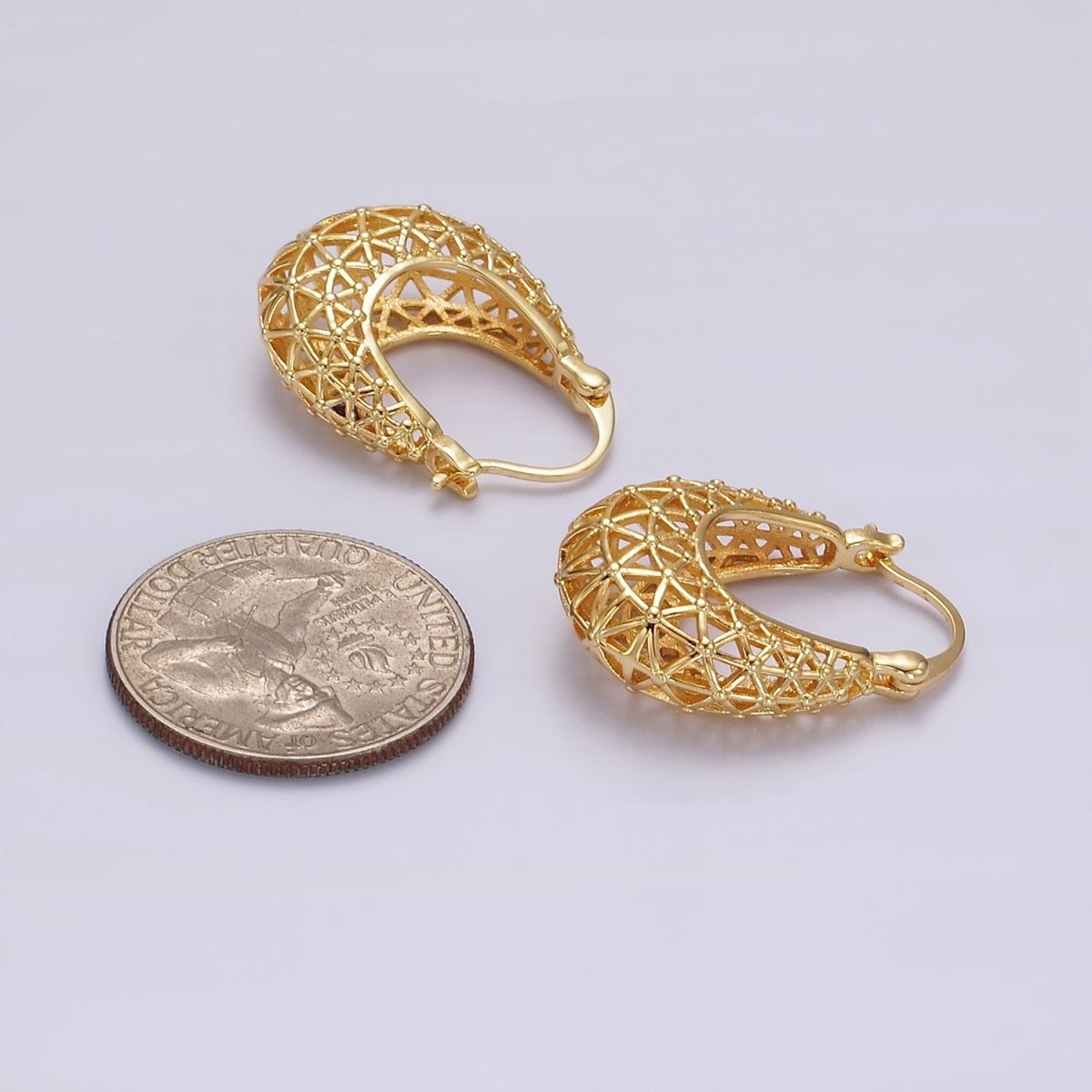 14K Gold Filled Triangle Filigree Open Dome French Lock Latch Hoop Earrings | AE220