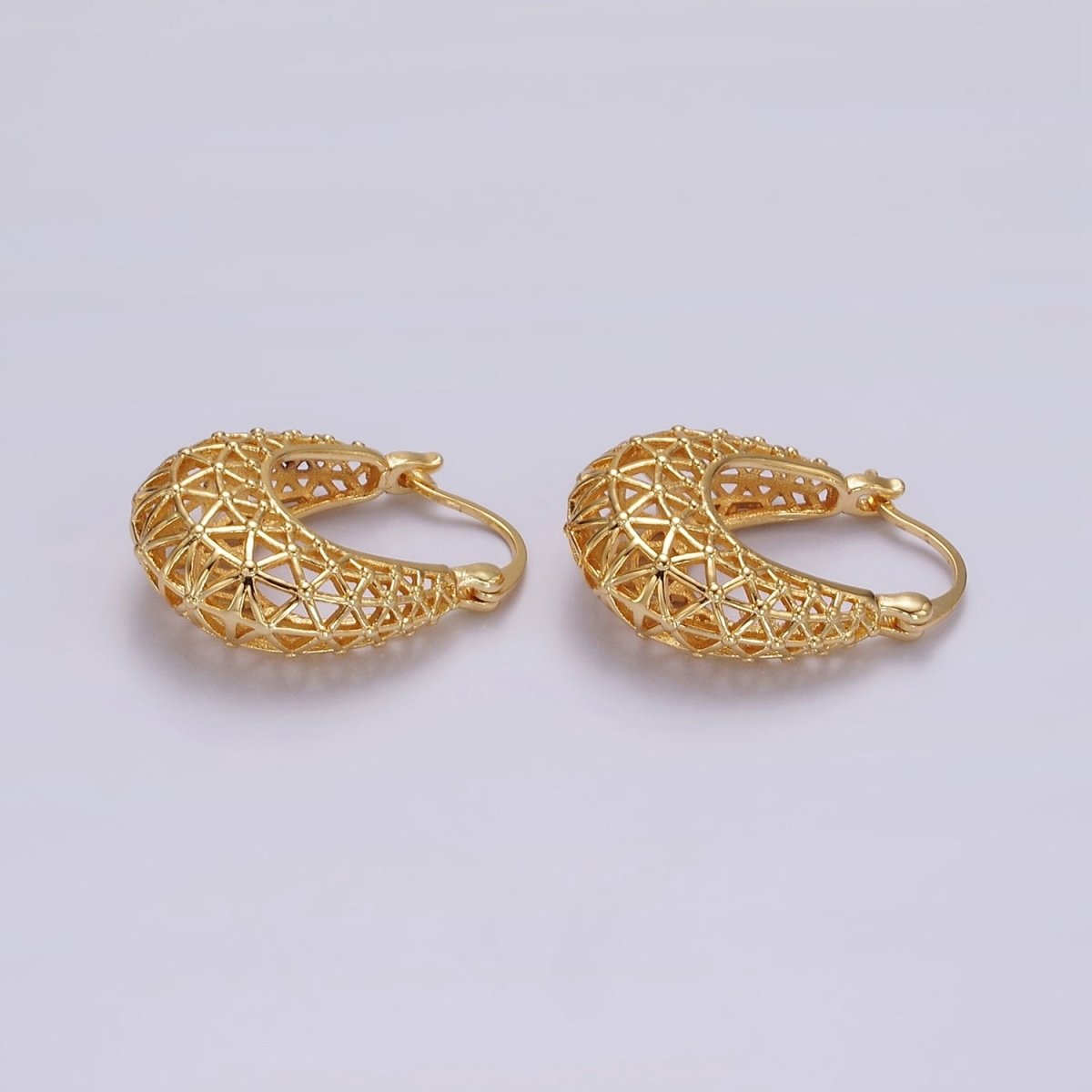 14K Gold Filled Triangle Filigree Open Dome French Lock Latch Hoop Earrings | AE220