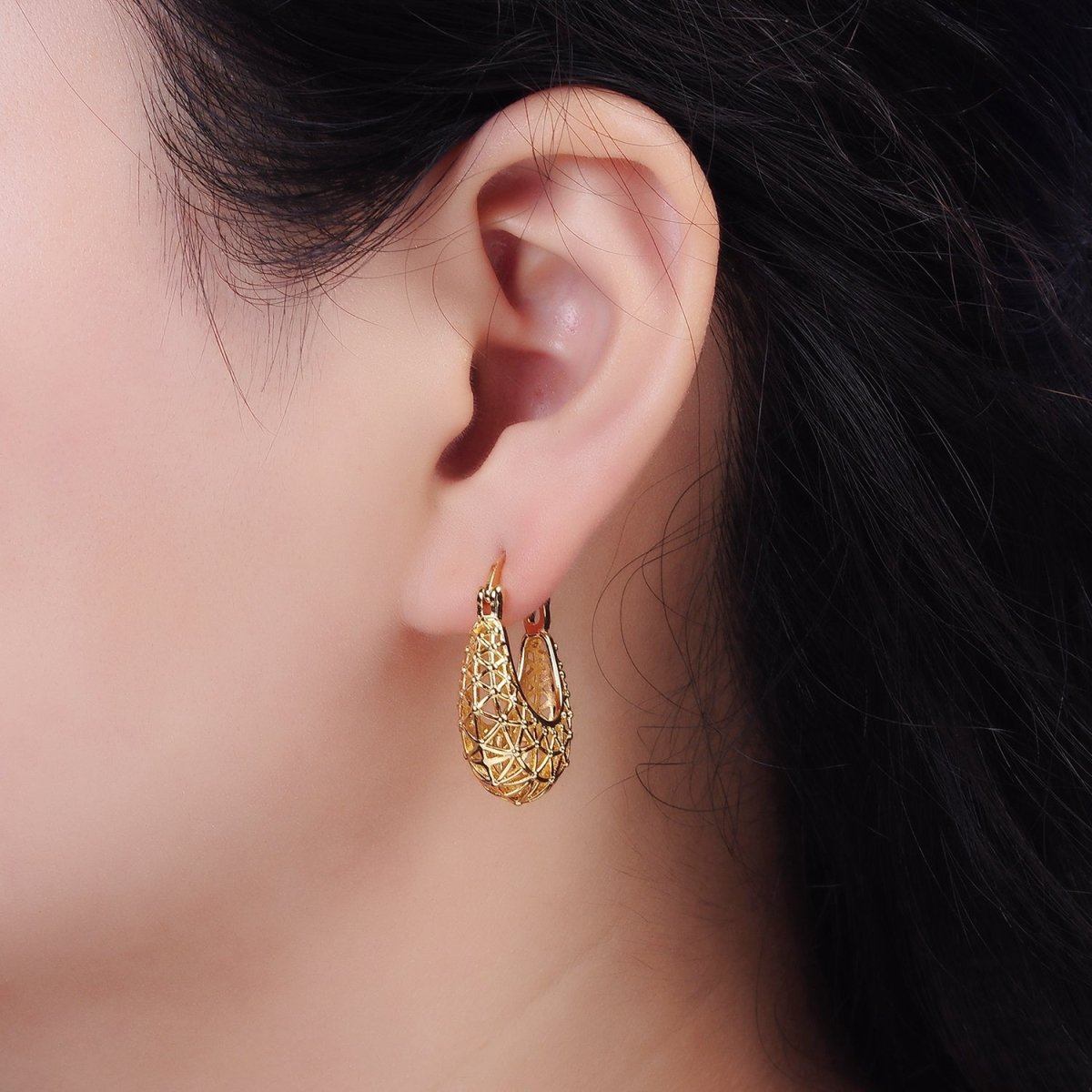 14K Gold Filled Triangle Filigree Open Dome French Lock Latch Hoop Earrings | AE220