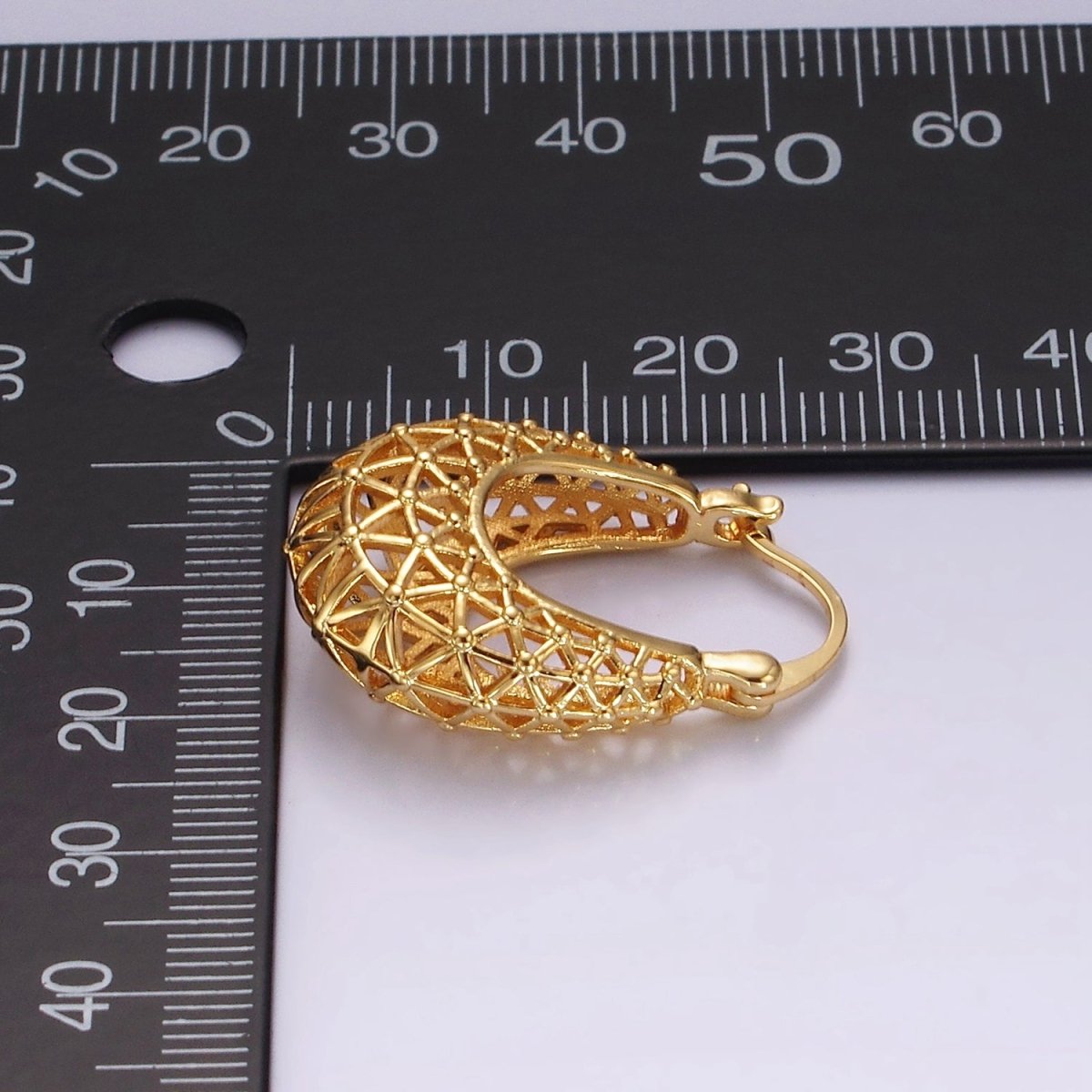 14K Gold Filled Triangle Filigree Open Dome French Lock Latch Hoop Earrings | AE220