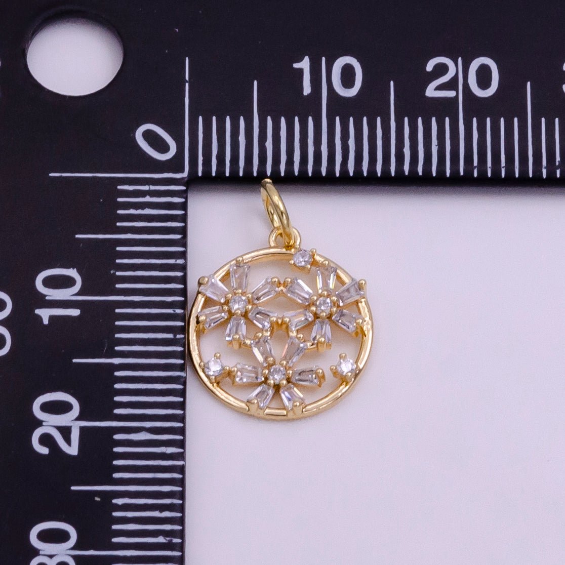 14K Gold Filled Triple Baguette Flowers Open Round Charm in Gold & Silver | W477