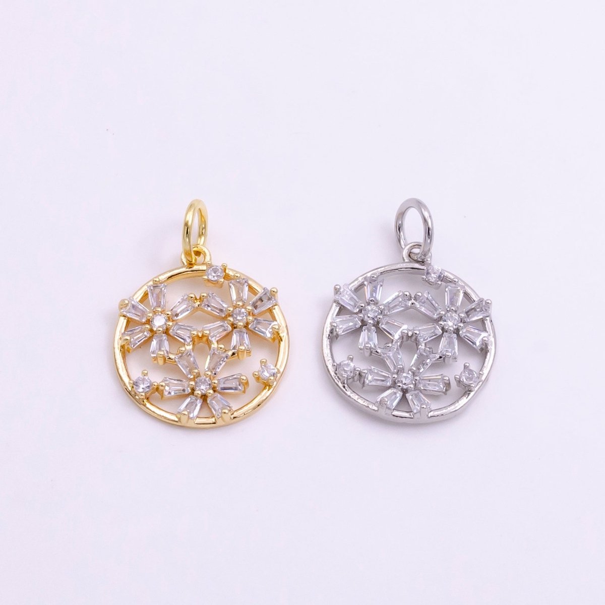 14K Gold Filled Triple Baguette Flowers Open Round Charm in Gold & Silver | W477
