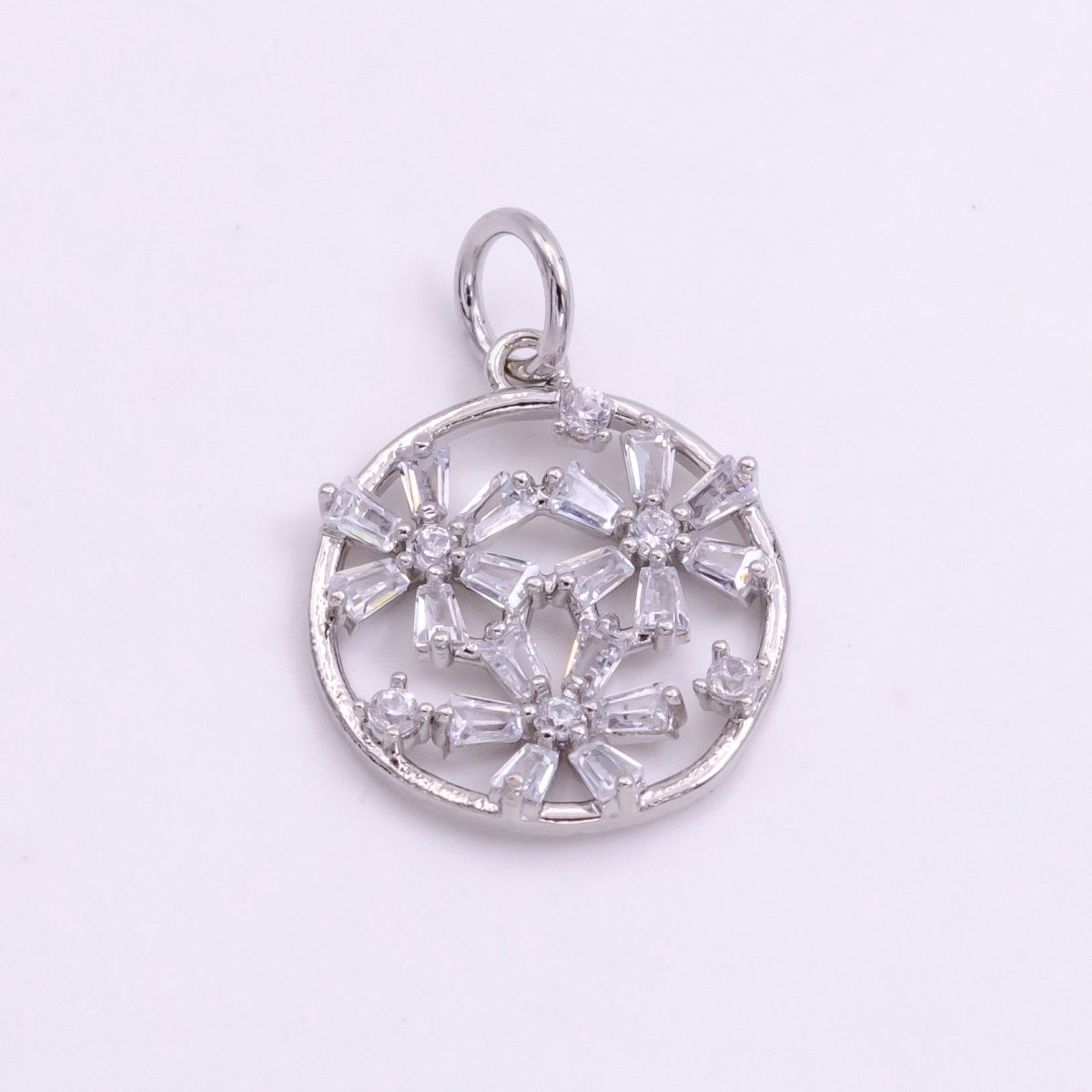 14K Gold Filled Triple Baguette Flowers Open Round Charm in Gold & Silver | W477