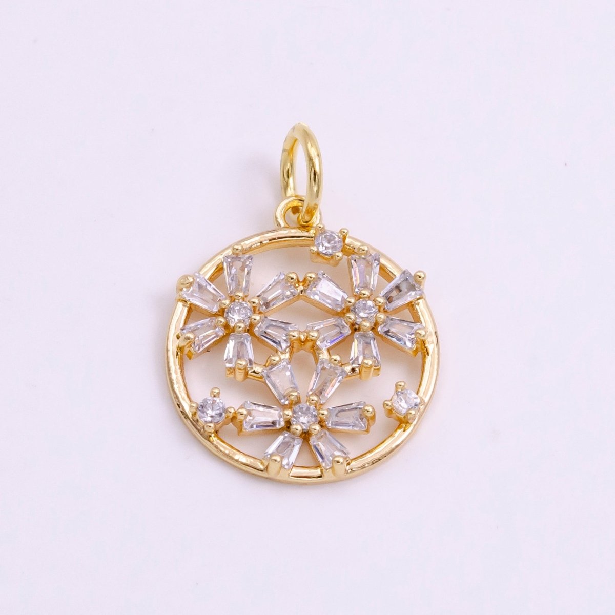 14K Gold Filled Triple Baguette Flowers Open Round Charm in Gold & Silver | W477