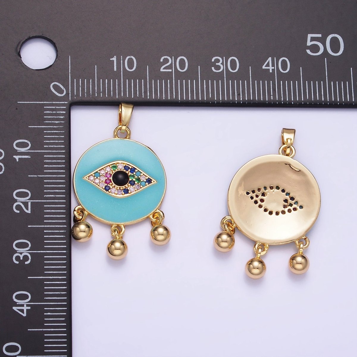 14K Gold Filled Triple Bead Drop Multicolor Micro Paved CZ Evil Eye Teal Enamel Round Pendant | AA1172