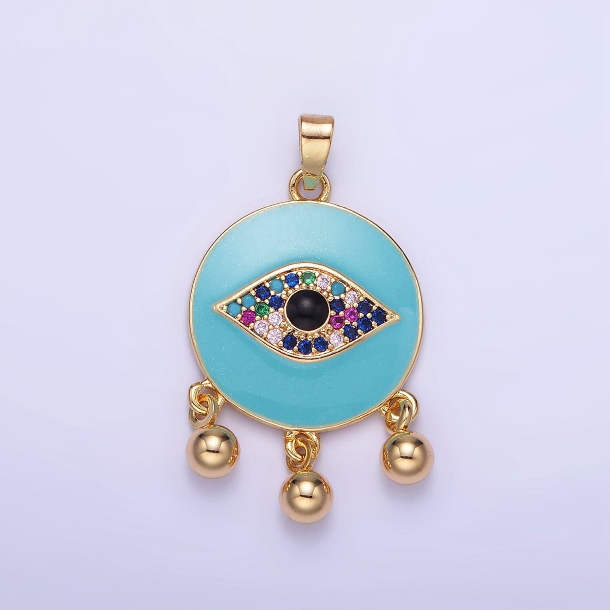 14K Gold Filled Triple Bead Drop Multicolor Micro Paved CZ Evil Eye Teal Enamel Round Pendant | AA1172