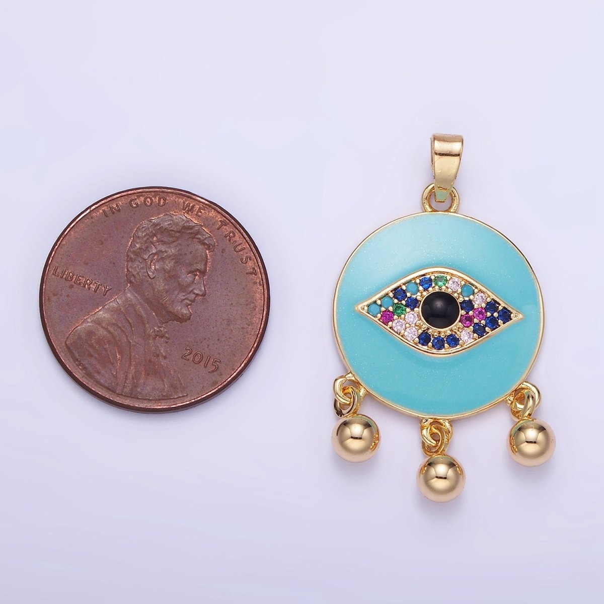14K Gold Filled Triple Bead Drop Multicolor Micro Paved CZ Evil Eye Teal Enamel Round Pendant | AA1172