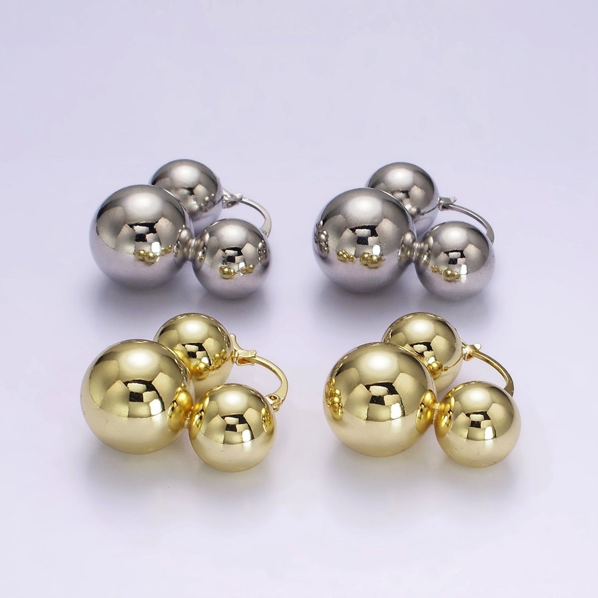 14K Gold Filled Triple Beaded Bubble Ball French Lock Latch Hoop Earrings | AE850 AE851
