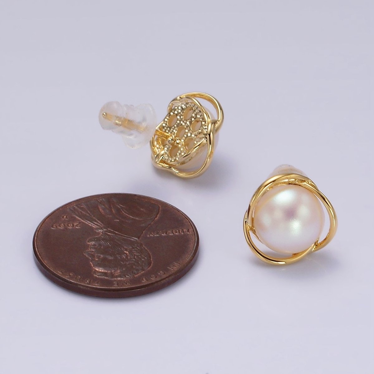 14K Gold Filled Triple Circular Band Iridescent Pearl Stud Earrings in Gold & Silver | V269