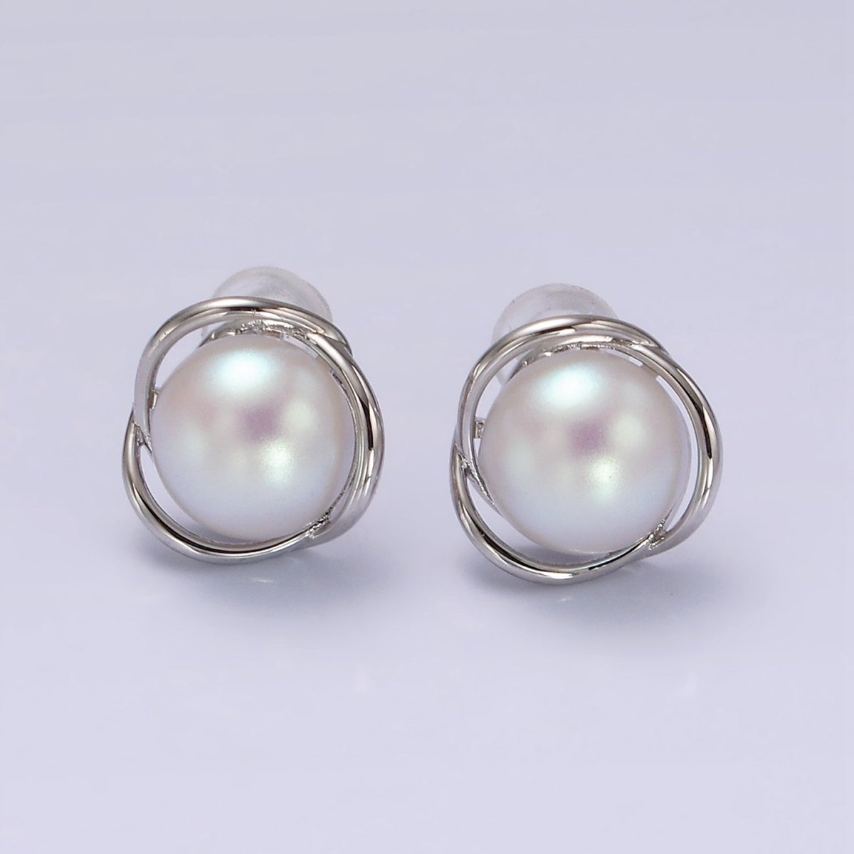 14K Gold Filled Triple Circular Band Iridescent Pearl Stud Earrings in Gold & Silver | V269