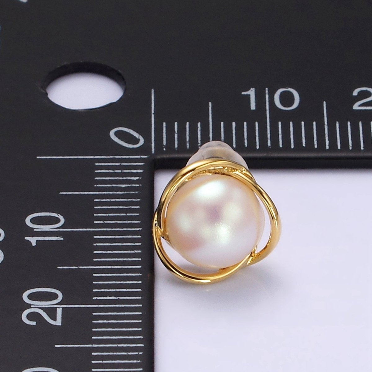 14K Gold Filled Triple Circular Band Iridescent Pearl Stud Earrings in Gold & Silver | V269