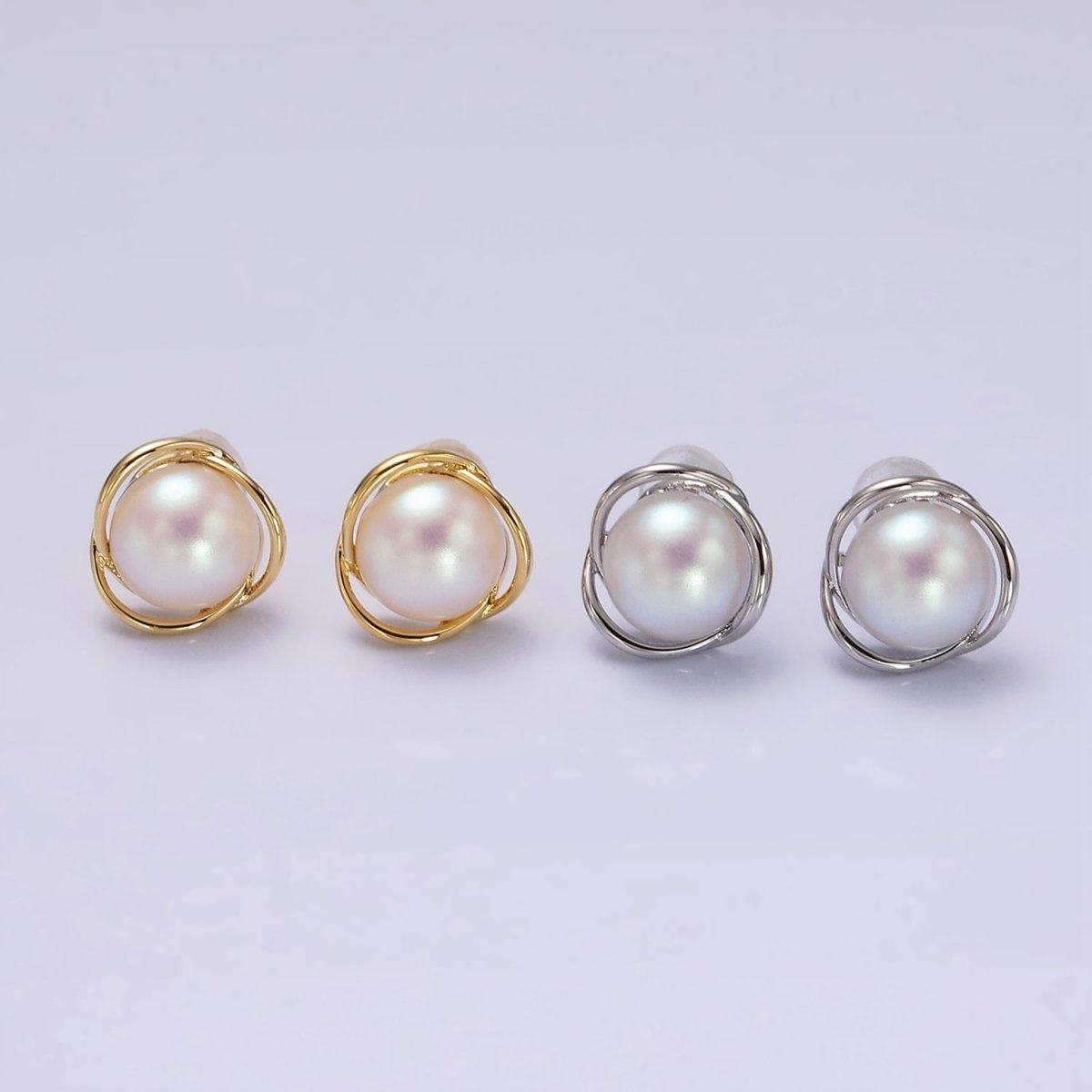 14K Gold Filled Triple Circular Band Iridescent Pearl Stud Earrings in Gold & Silver | V269