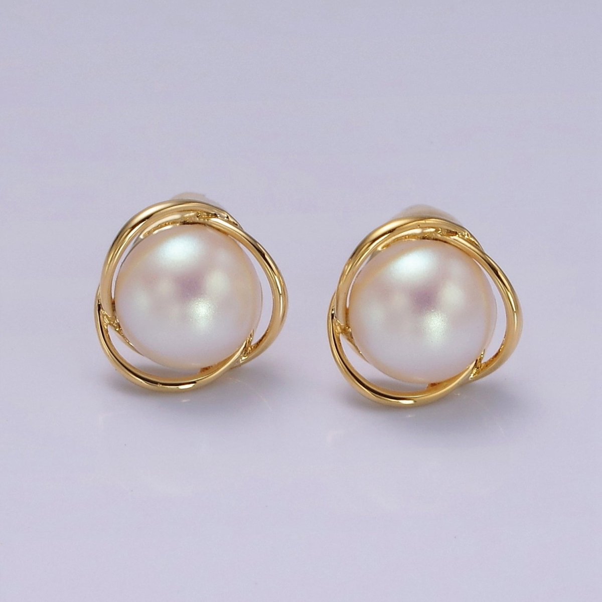 14K Gold Filled Triple Circular Band Iridescent Pearl Stud Earrings in Gold & Silver | V269